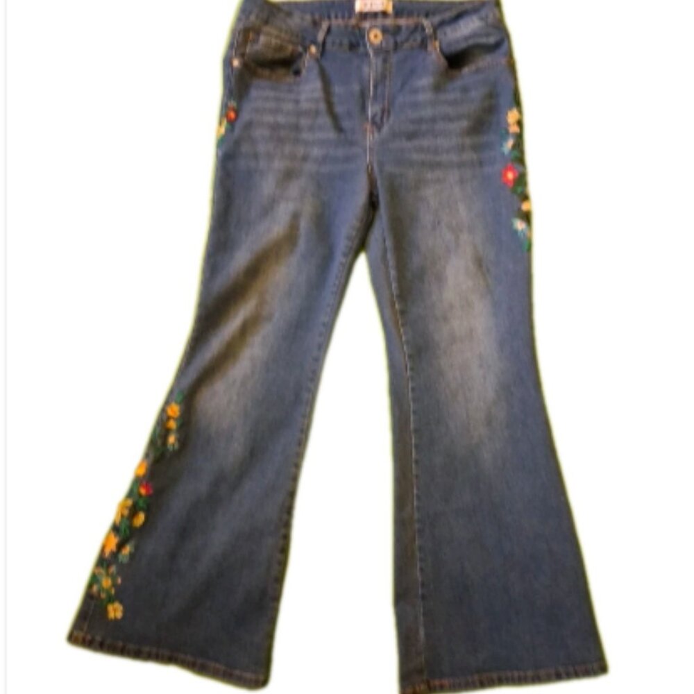 Telepatia Junior 17/33 Wide Leg Stretch Embroidered Mid-Rise Boho Hippie Jeans